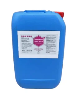 Синя ємність з рідким добривом Maxgrow NPK 5-9-9, з етикеткою та інформацією про продукт.