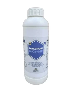 Пляшка з хранителен продукт MAXGROW N:Ca+ME за рослини з інформацією про склад и застосуваннята.