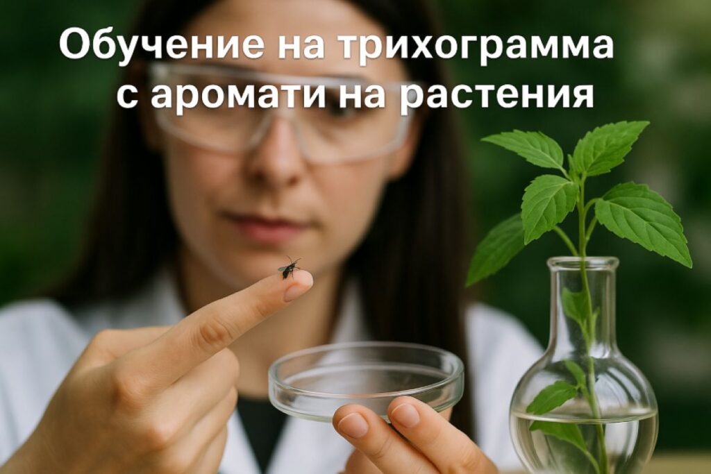 Жена с окуляри, що тримає трихограма на пальці си, с рослина та скляний посудина на столі.