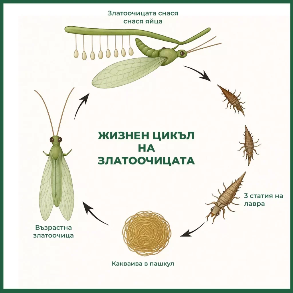 Ілюстрація життєвого циклу золотоочки з різними етапами розвитку.